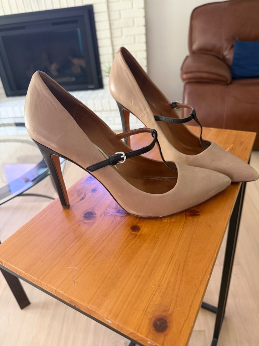 Coach Leather T-Strap Pointed Toe Pumps | Taupe & Black | Women's Size 11